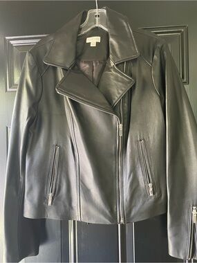 Maison Jules Black Leather Moto Jacket with Silver Hardware